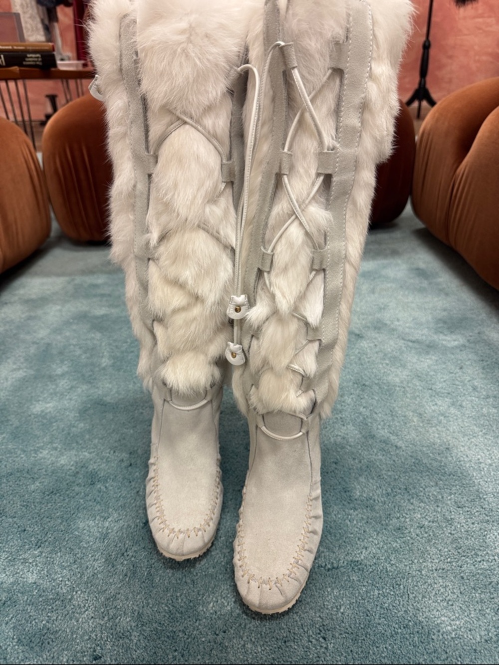 Celine Ivory Lace-Up Knee-High Fur Suede Boots